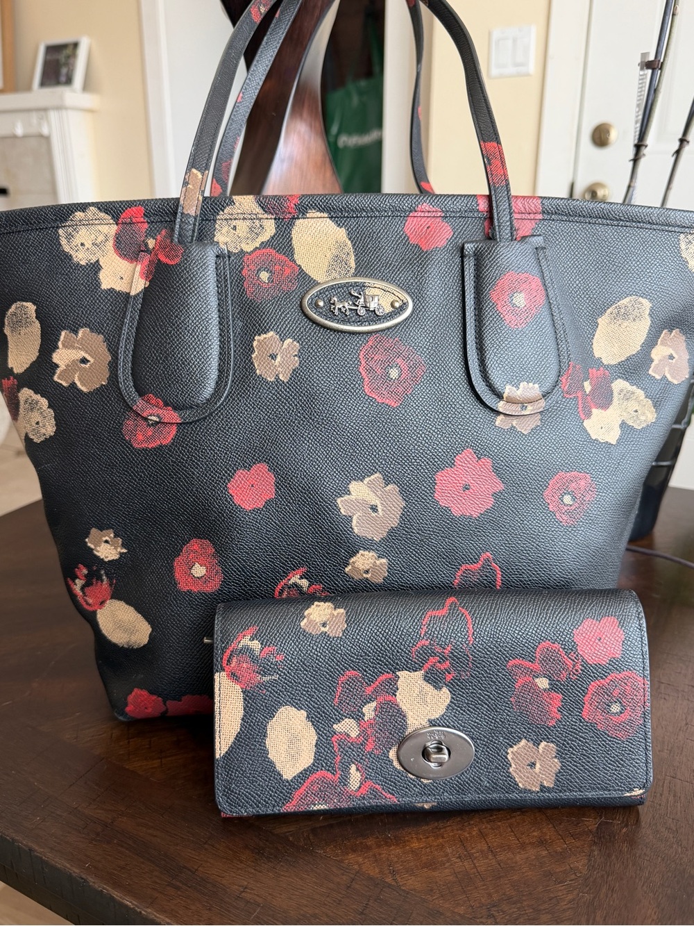 Coach Black Floral Tote with Matching Wallet in Red and Cream Accents